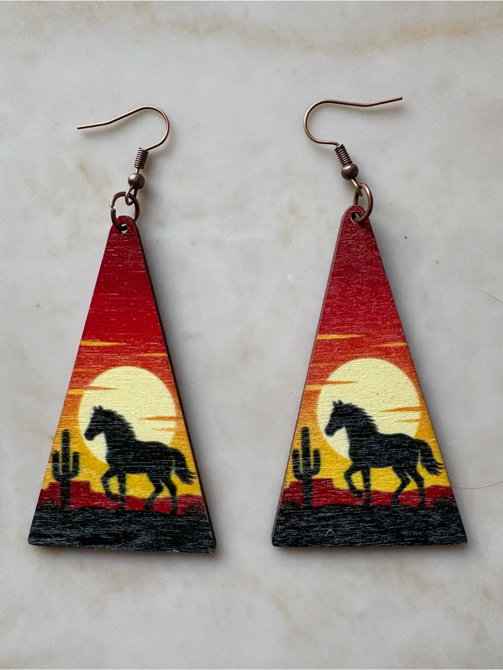 Handpainted Western Sunset Horse Dangle Earrings - Red and Yellow Double sided
